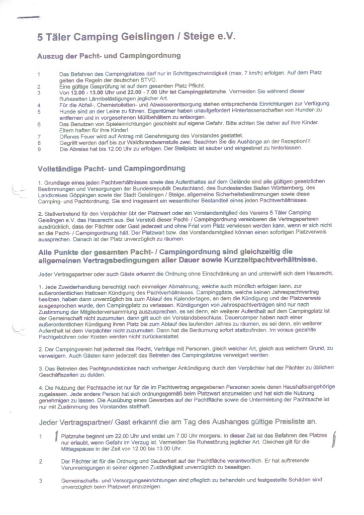Pacht- & Campingordnung  5 Tler Camping Geislingen / Steige